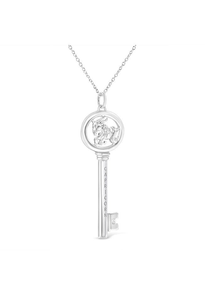 Sterling Silver Diamond Accent Capricorn Zodiac Key Pendant Necklace, , alternate image number 2