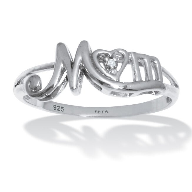 Round Diamond "Mom" Heart Sterling Silver Ring, WHITE, hi-res image number 0