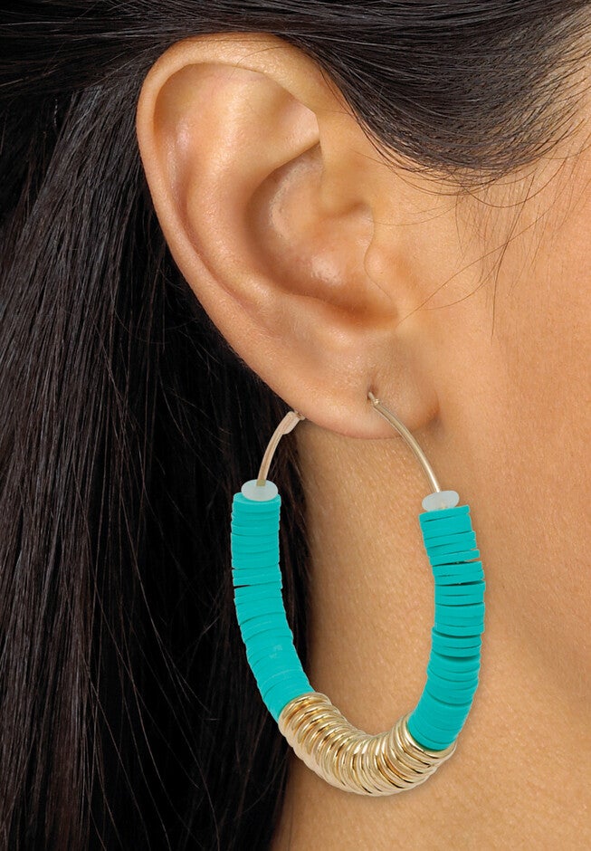 Teal Disc Bead Goldtone Hoop Earrings And Stackable Stretch Bracelet Set, , alternate image number 2