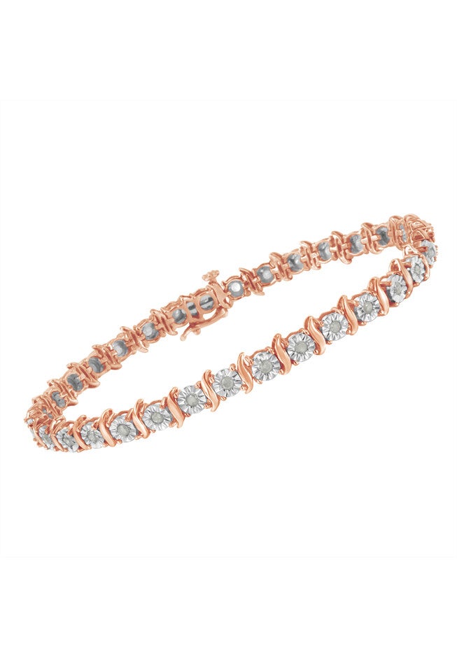 Rose Gold Over Sterling Silver Diamond Scurve Link Miracleset Tennis Bracelet 8 inches, , alternate image number null
