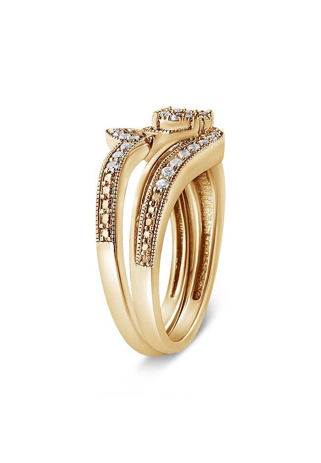 Yellow Gold Plated Silver 1/3Ct Cttw Multi-Diamond Bypass Vintage-Style Bridal Set, , alternate image number null