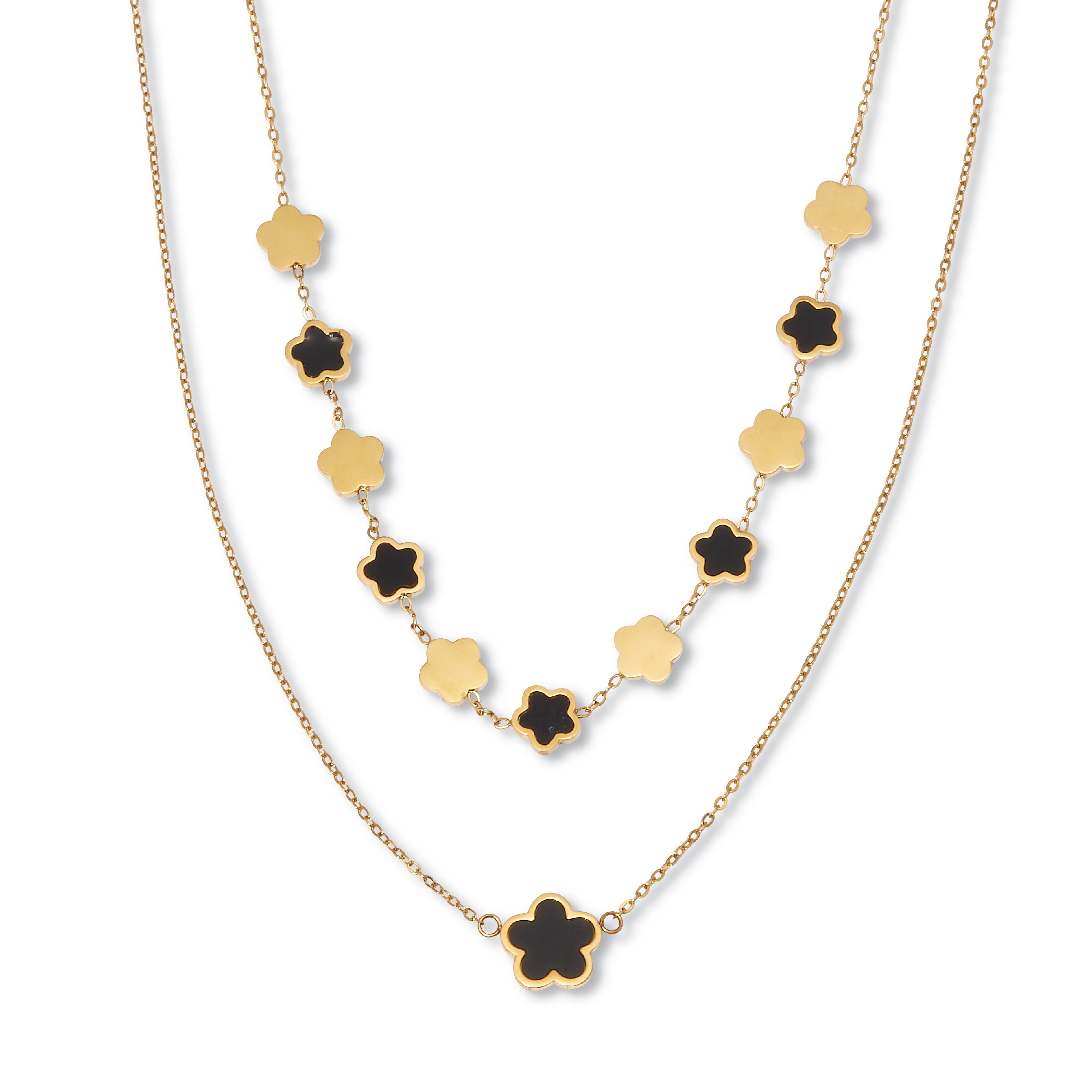 Genuine Black Onyx Gold Ion-Plated Stainless Steel Clover Necklace 17 to 19-inch, BLACK, hi-res image number 0