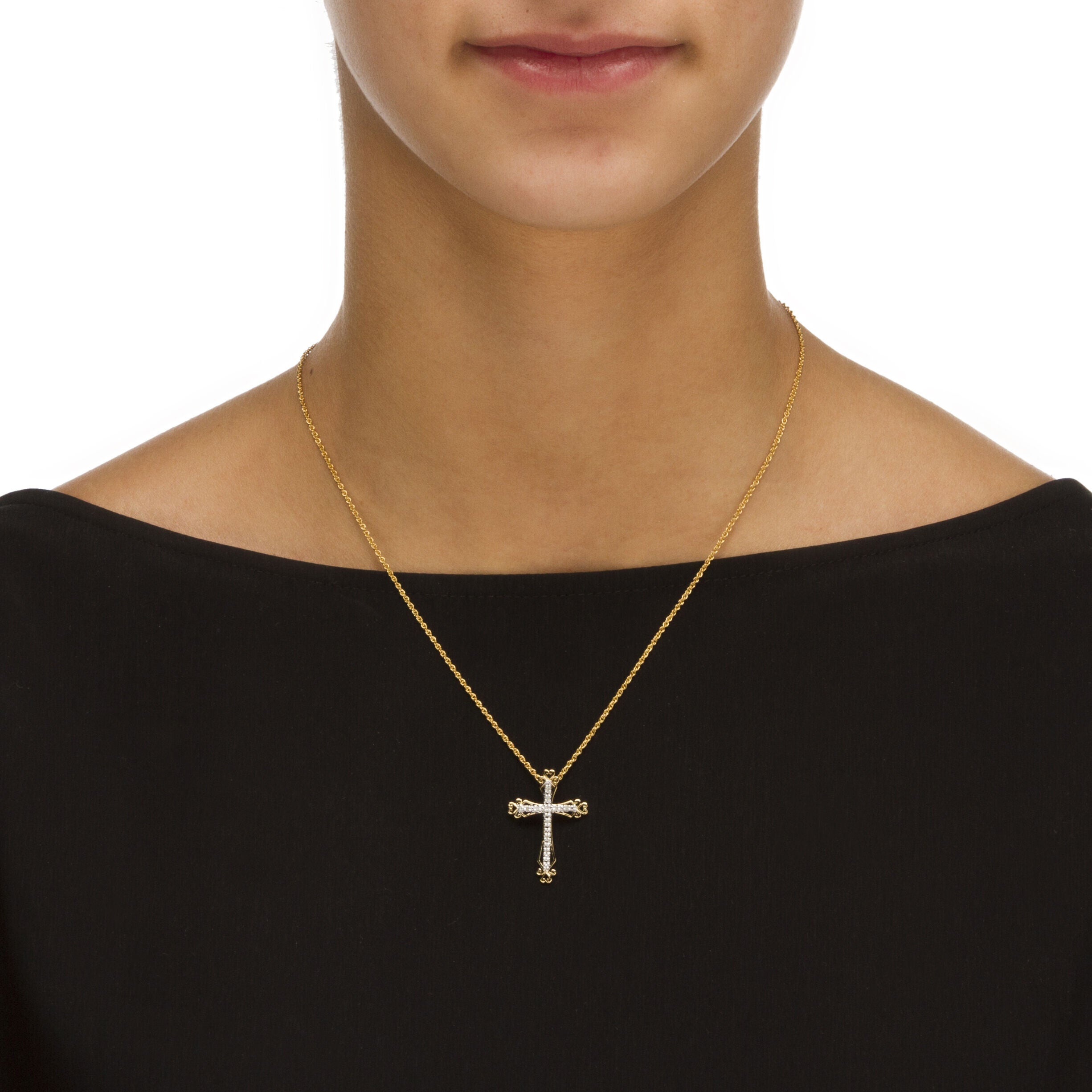 Diamond Accent Cross Pendant Necklace in Gold-Plated Sterling Silver, WHITE, alternate image number 2