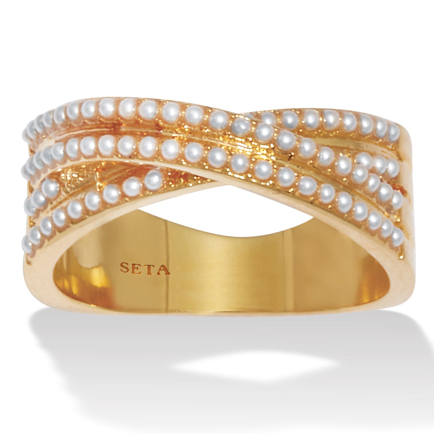 Crossover Pave Pearl 14K Gold-Plated  Ring, WHITE, hi-res image number 0