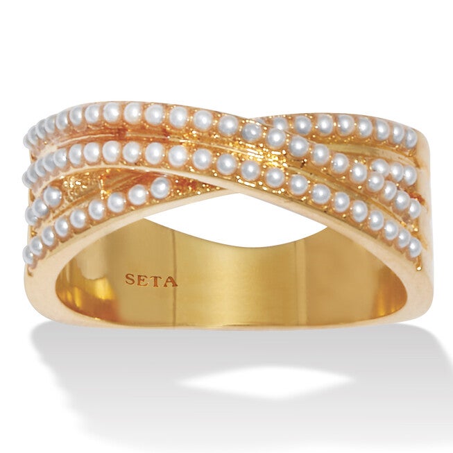 Crossover Pave Pearl 14K Gold-Plated  Ring, WHITE, hi-res image number 0