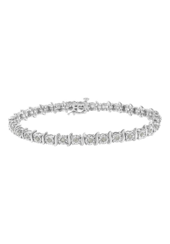 Sterling Silver Diamond Scurve Link Miracleset Tennis Bracelet 7 inches, WHITE, hi-res image number 0