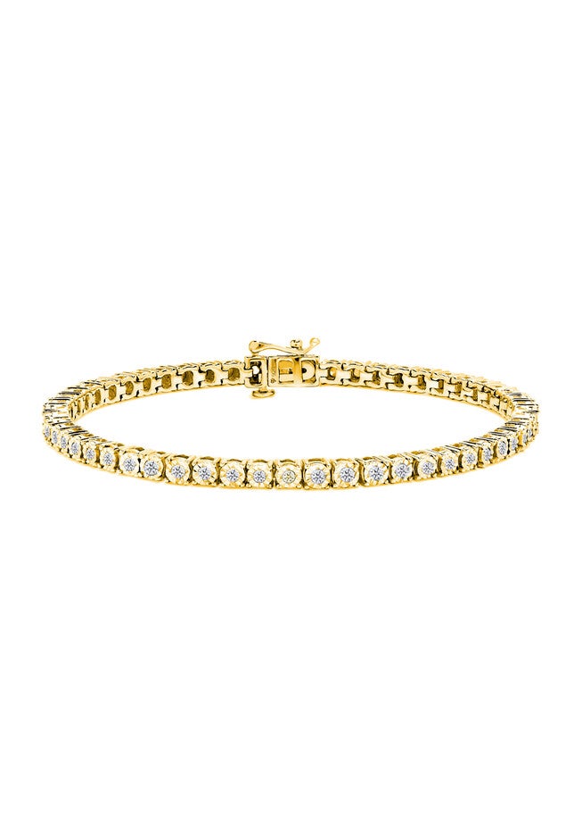 Yellow Gold Plated Sterling Silver Miracleset Diamond Round Faceted Bezel Tennis Bracelet 7 inches, YELLOW GOLD, hi-res image number 0