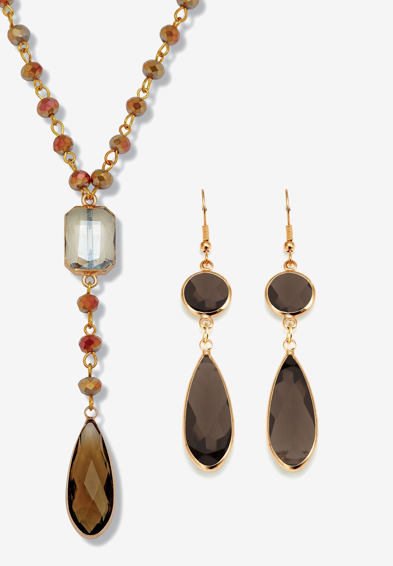 Smoky Crystal Goldtone Drop Necklace And Crystal Earrings, 2-Piece Set, BROWN, hi-res image number 0