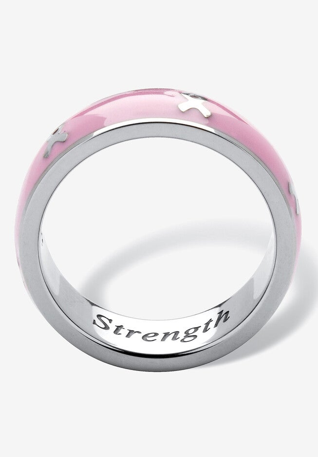 Stainless Steel And Pink Enamel Breast Cancer Awareness Ribbon "Serenity Courage Strength" Inscribed Ring (6.5Mm) Jewelry, , on-hover image number null