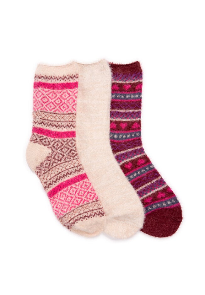 Pair Pack Fuzzy Crew Fall Socks, PINK BURGUNDY MULTI, hi-res image number 0