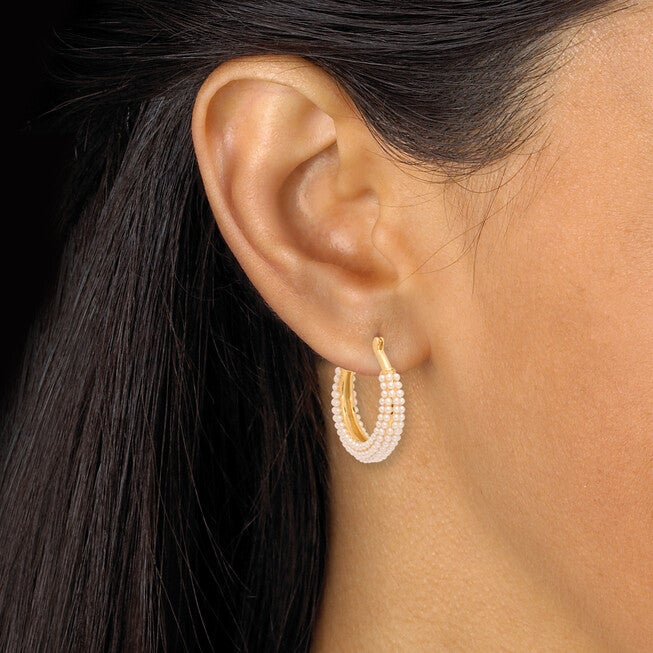 White Round Simulated Pave-Style Pearl Goldtone Hoop Earrings, WHITE, alternate image number null