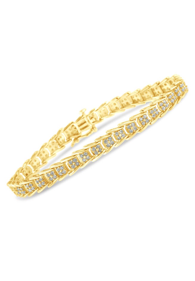 Yellow Gold Over Sterling Silver Diamond Chevron Link Tennis Bracelet, , alternate image number null