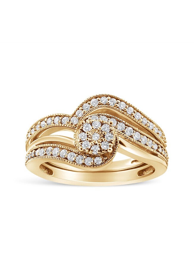 Yellow Gold Plated Silver 1/3Ct Cttw Multi-Diamond Bypass Vintage-Style Bridal Set, YELLOW GOLD, hi-res image number null