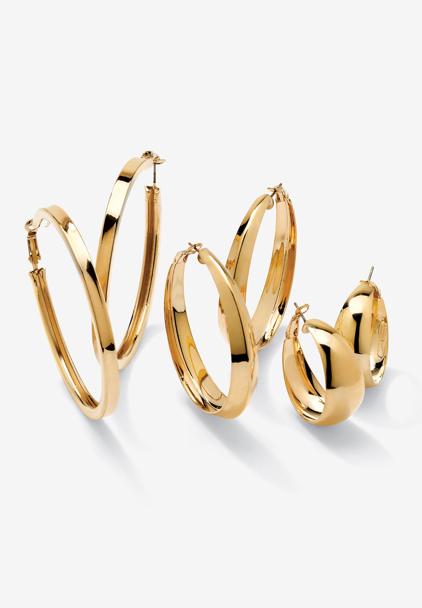 3 Pair Hoop Earrings Set In Yellow Goldtone, GOLD, hi-res image number 0