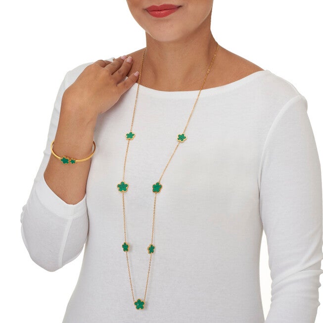 Genuine Green Malachite Gold Ion-Plated Stainless Steel Clover Jewelry Set, GREEN, alternate image number null