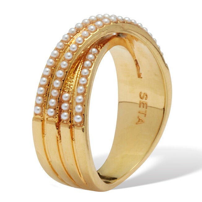 Crossover Pave Pearl 14K Gold-Plated  Ring, WHITE, on-hover image number 1