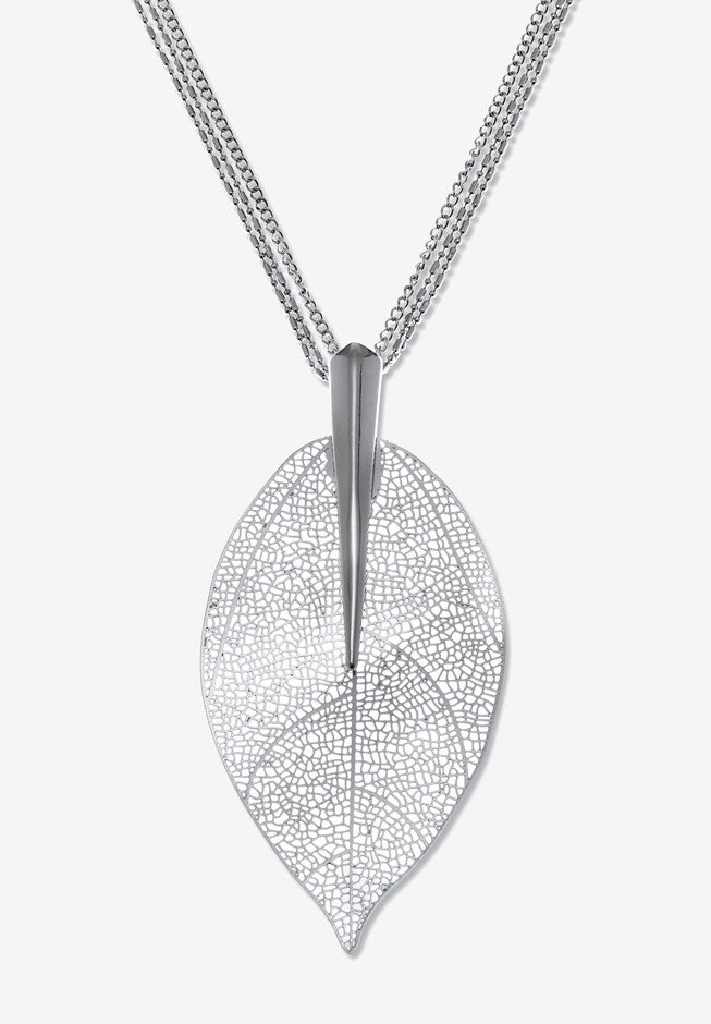 Silvertone Leaf Drop Necklace, 26 Inch Chain, Plus 2 Inch Extension, SILVER, hi-res image number null