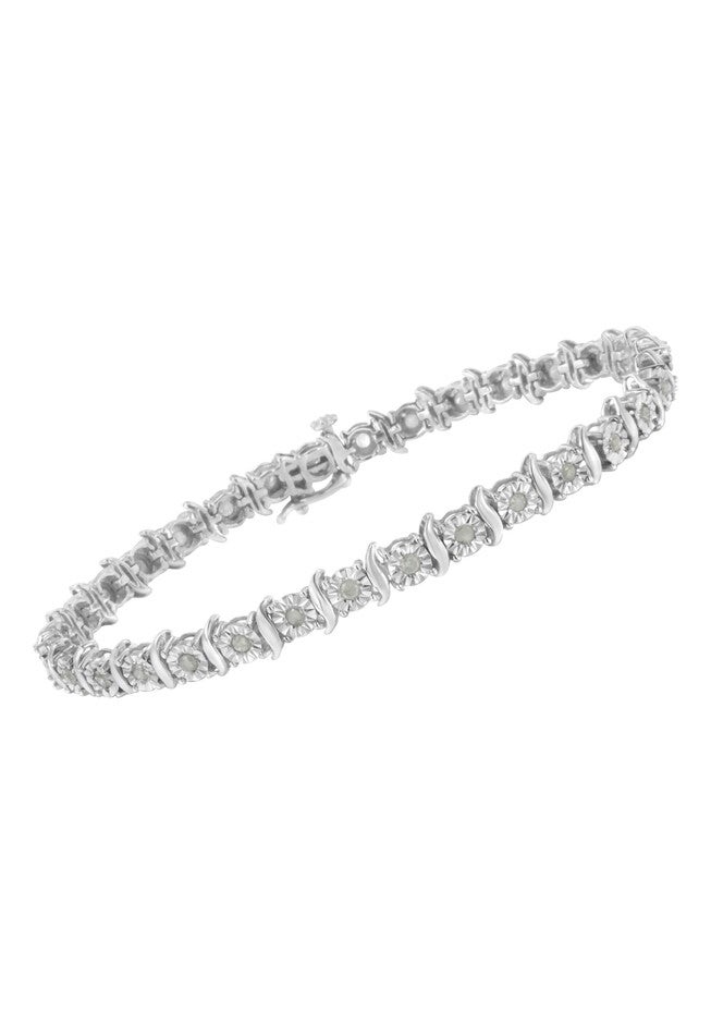 Sterling Silver Diamond Scurve Link Miracleset Tennis Bracelet 7 inches, , alternate image number 2