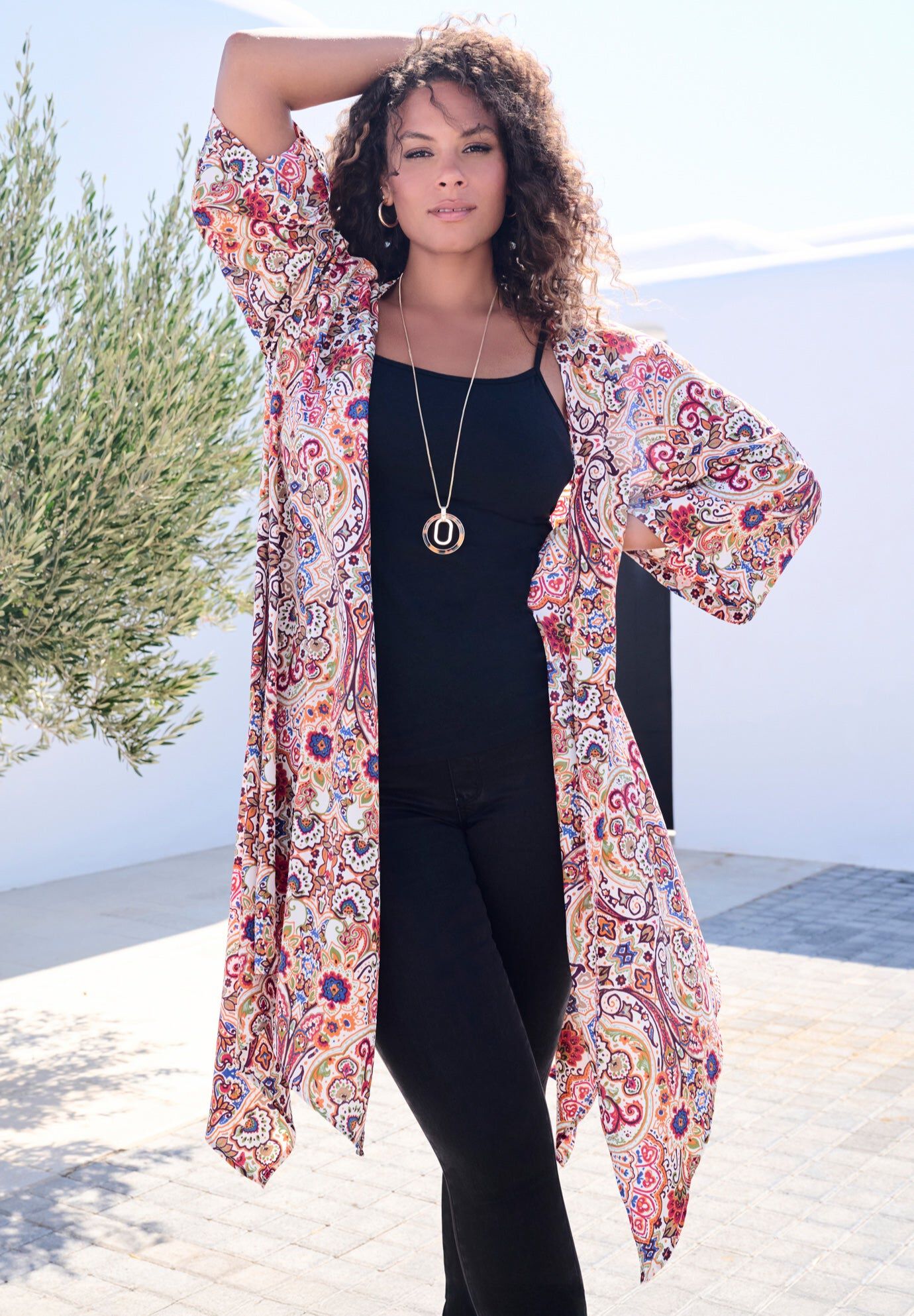 Hanky Hem Kimono, IVORY MIRRORED MEDALLION, hi-res image number 0