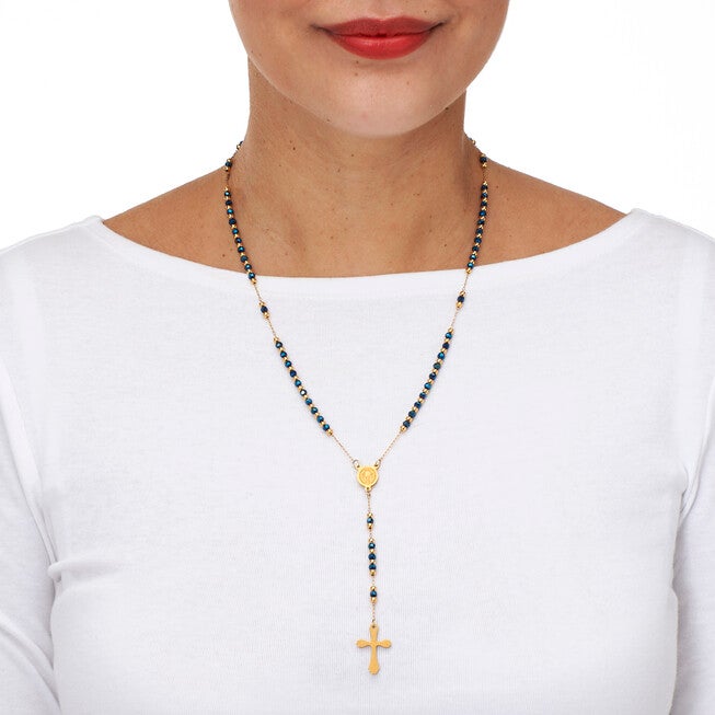 Yellow Gold Ion-Plated Stainless Steel Crystal Beaded Rosary Necklace 21-inch, BLUE, alternate image number null