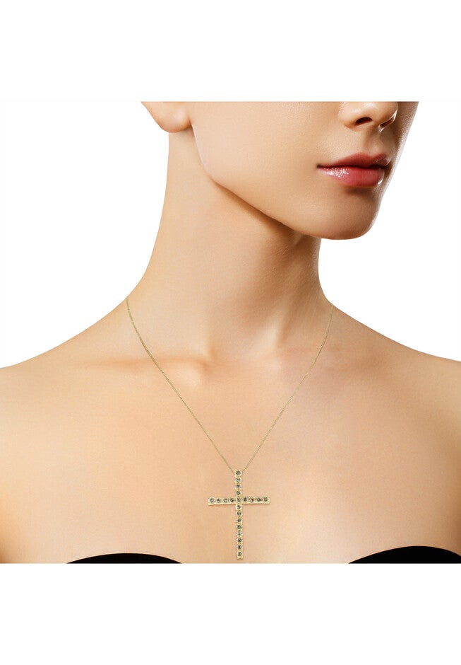 Yellow Gold Plated Sterling Silver Pendant Champagne Diamond Gold Cross Necklace, , alternate image number null