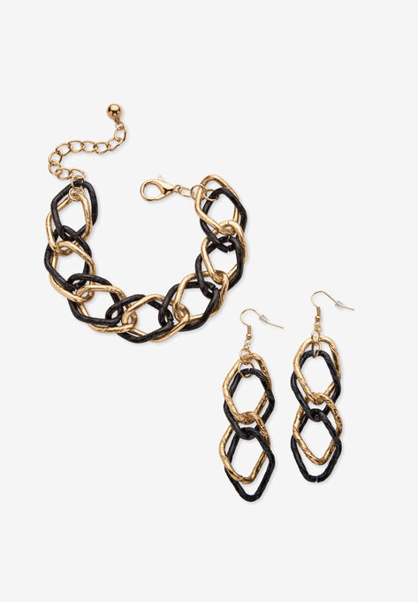 Double Curb-Link Bracelet And Drop Earrings Set In Goldtone And Black Ruthenium, BLACK, hi-res image number null