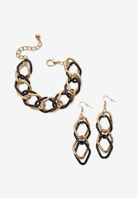 Double Curb-Link Bracelet And Drop Earrings Set In Goldtone And Black Ruthenium, BLACK, hi-res image number null