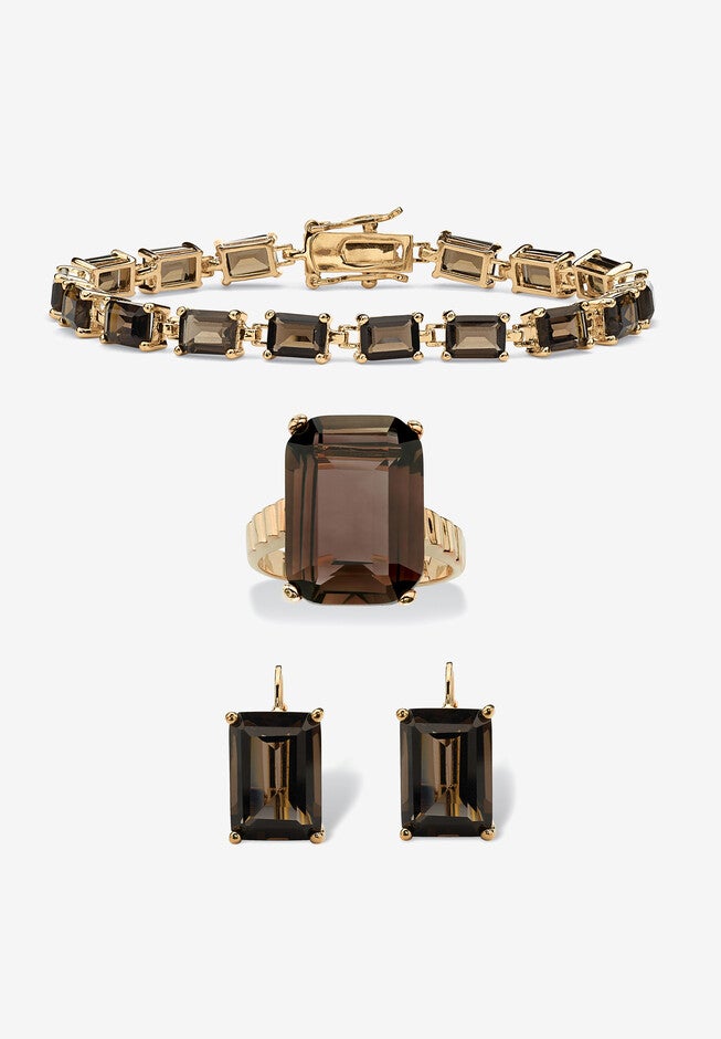 41.25 Tcw Genuine Smoky Quartz Gold-Plated Earring, Bracelet & Ring Set, BROWN, hi-res image number 0