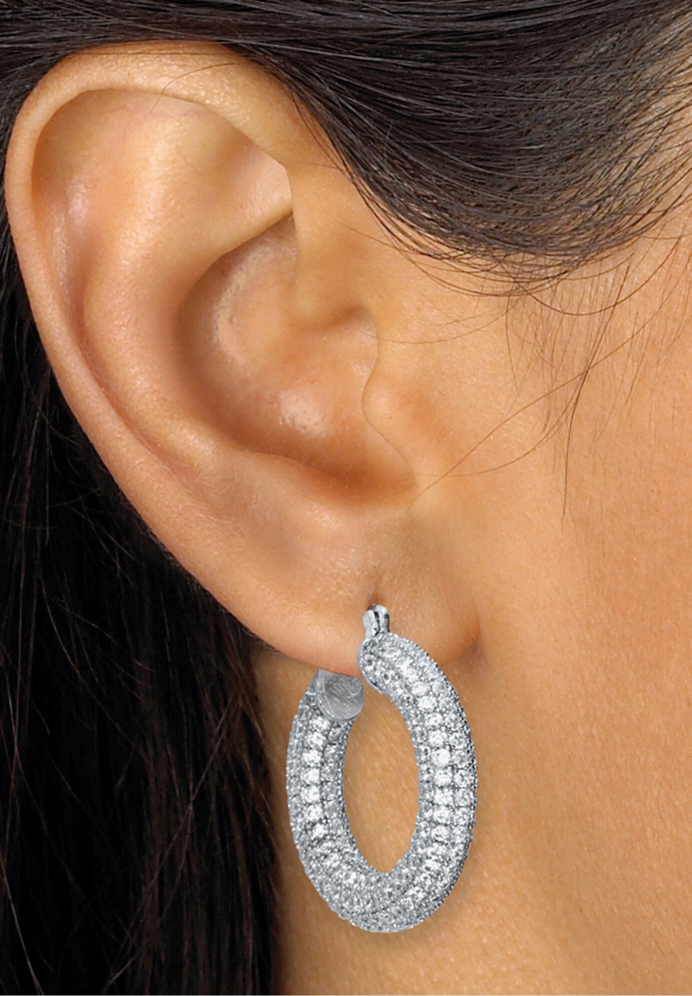 Round Crystal Silvertone Hoop Earrings, 26Mm, , alternate image number 2