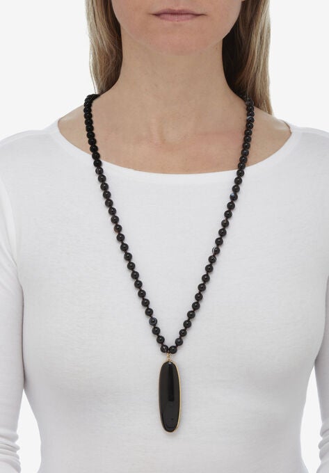 Genuine Black Agate Goldtone Bezel Set Oval Cabochon Beaded Necklace 34 Inch, , alternate image number null