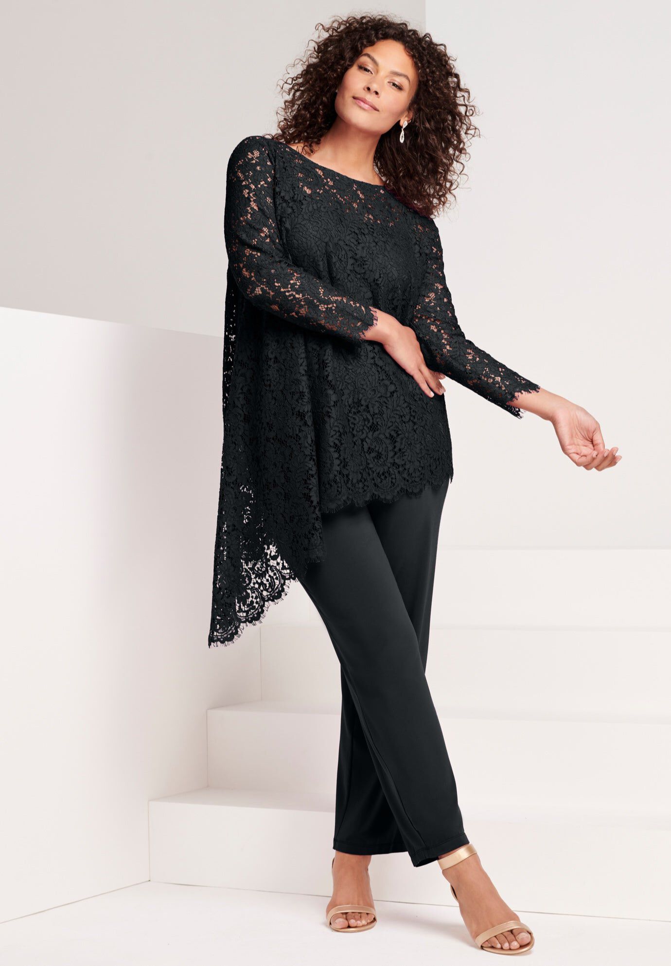 Plus-Size Asymmetrical Lace Pant Set &ndash;Long Sleeve Lace Scalloped Tunic & Elastic Waist Pants