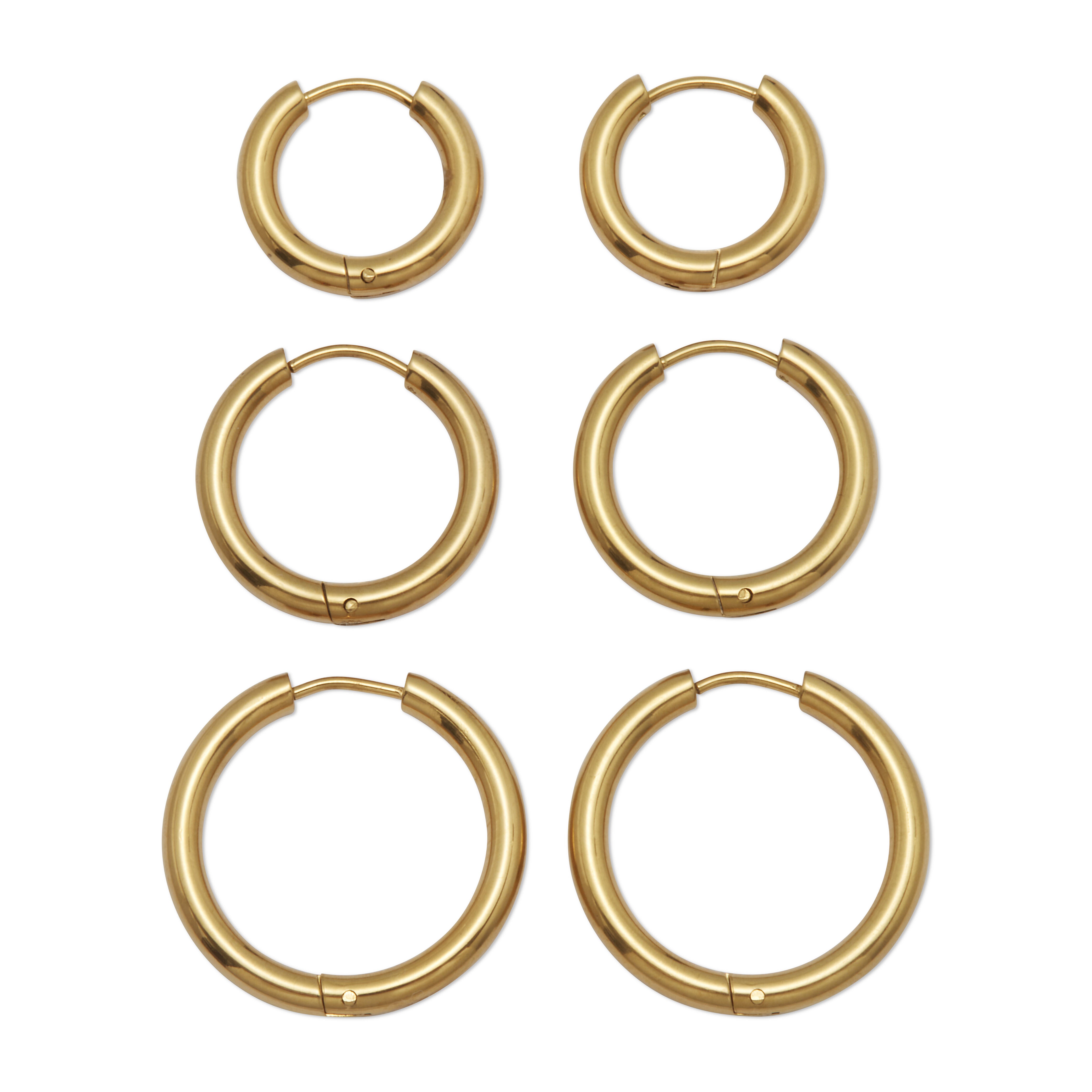 3-Pair Gold Ion-Plated Stainless Steel Hoops, 5/8 inches, 7/10 inches and 1 inches, YELLOW, on-hover image number 1