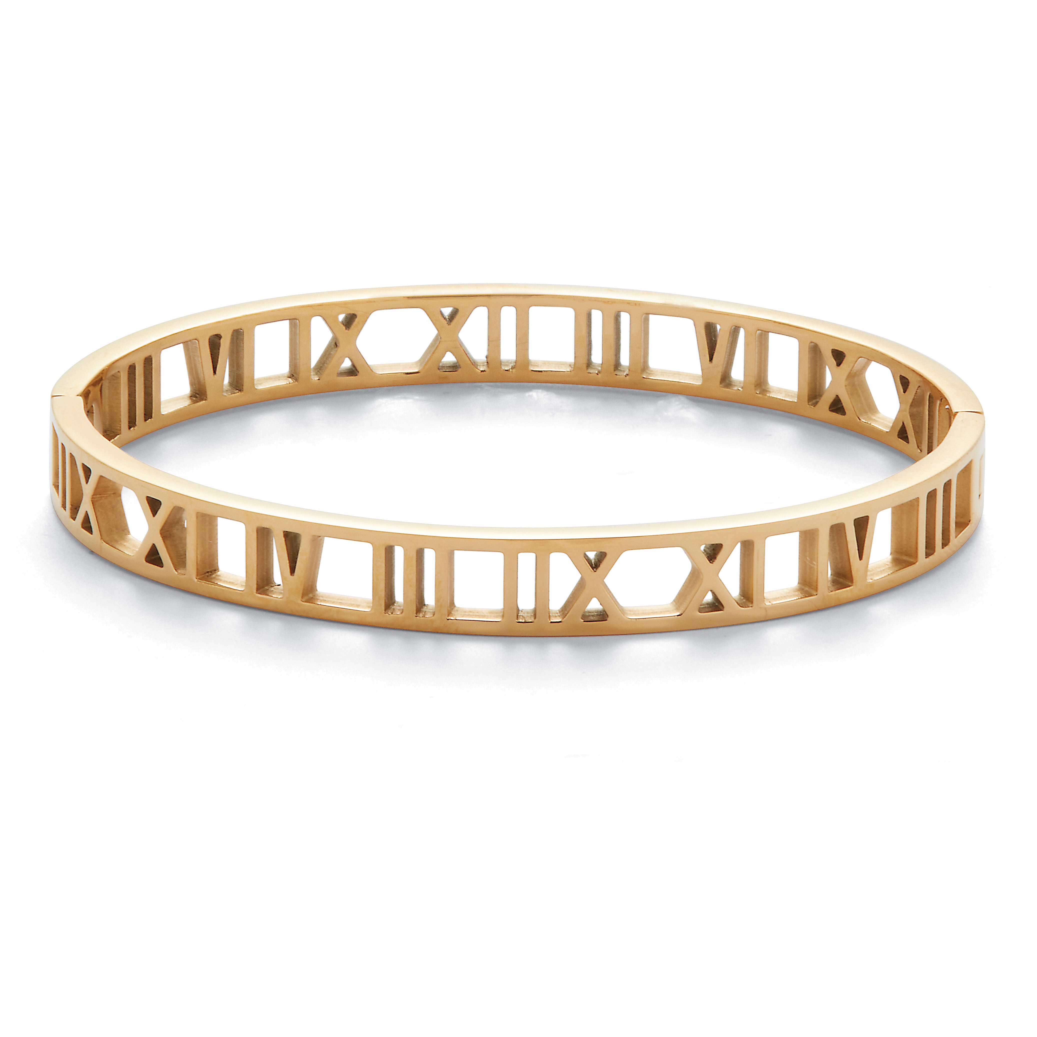 Roman Numeral Gold Ion-Plated Stainless Steel Bangle Bracelet, YELLOW, hi-res image number 0