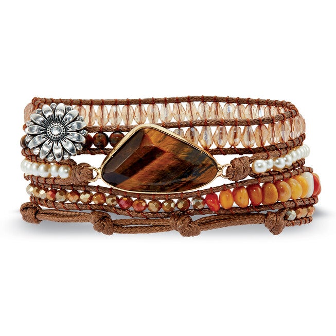 Genuine Brown Tiger's Eye Goldtone Wrap Bracelet 36-inch adjustable, BROWN, hi-res image number 0