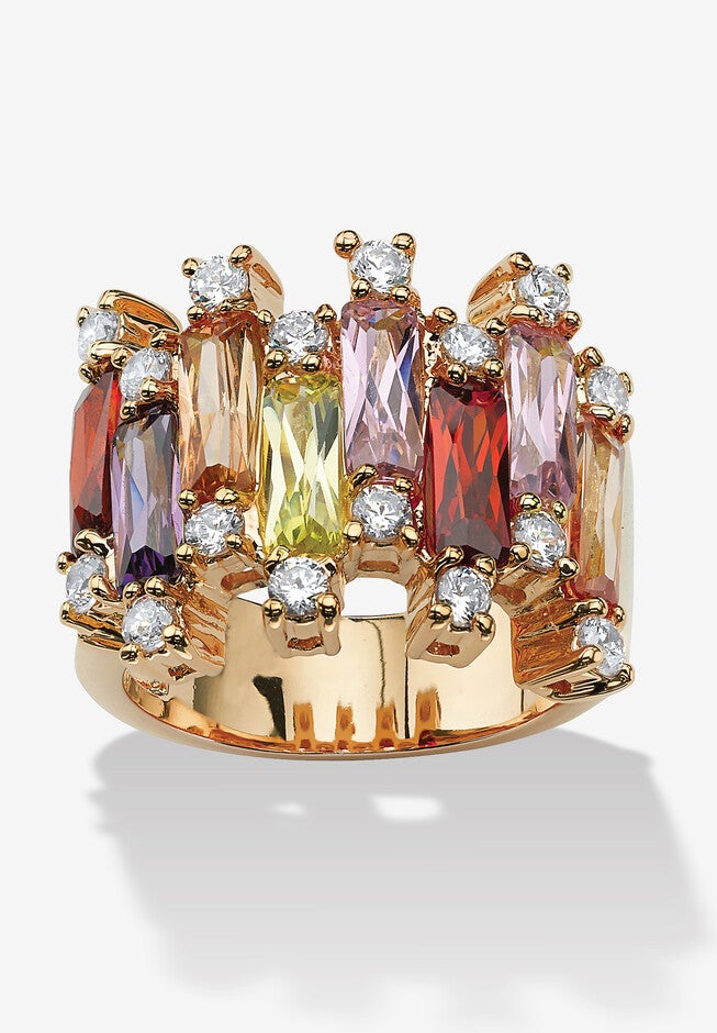 7.44 Tcw Emerald-Cut Multicolor Cubic Zirconia Yellow Gold-Plated Ring, PINK, hi-res image number 0