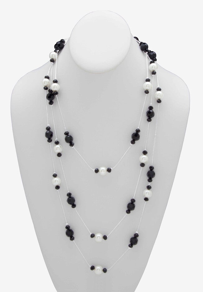 Simulated Black Onyx And Pearl Silvertone Beaded Multi-Strand Necklace 70 inches, , alternate image number 3