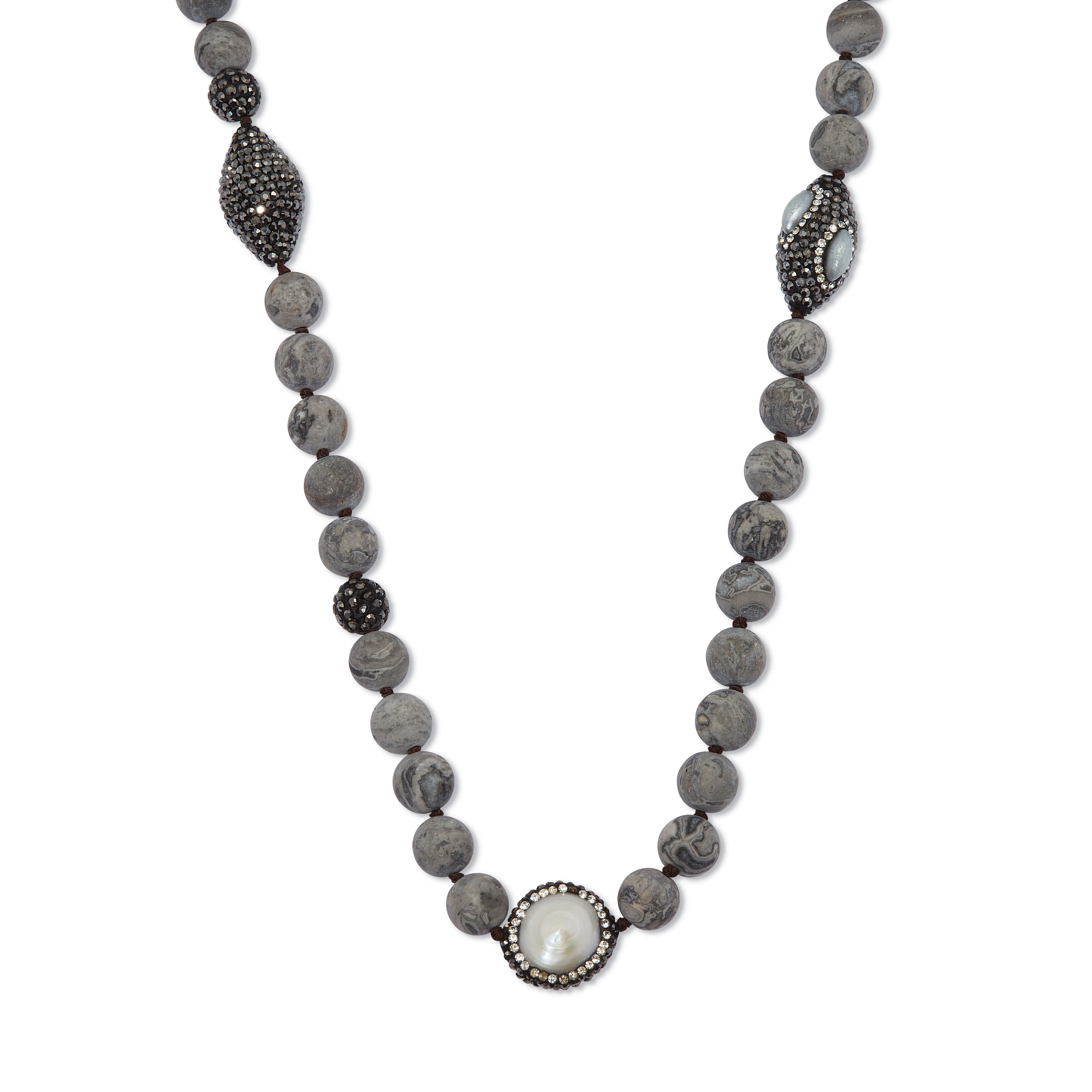 Round Genuine Pearl and Jasper Silvertone Beaded Necklace 34-inch, WHITE, hi-res image number 0