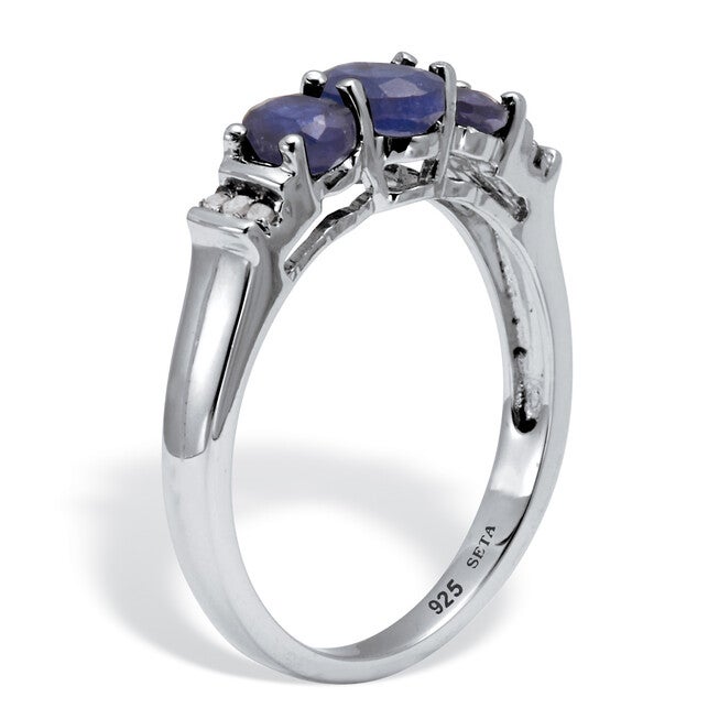 1.31 TCW Genuine Blue Sapphire and Diamond Accent Sterling Silver 3-Stone Ring, BLUE, on-hover image number null
