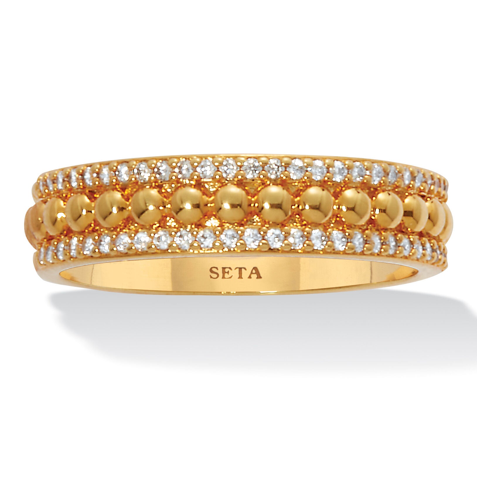 Triple Row Yellow Gold-Plated Round Crystal Band Ring, WHITE, hi-res image number 0
