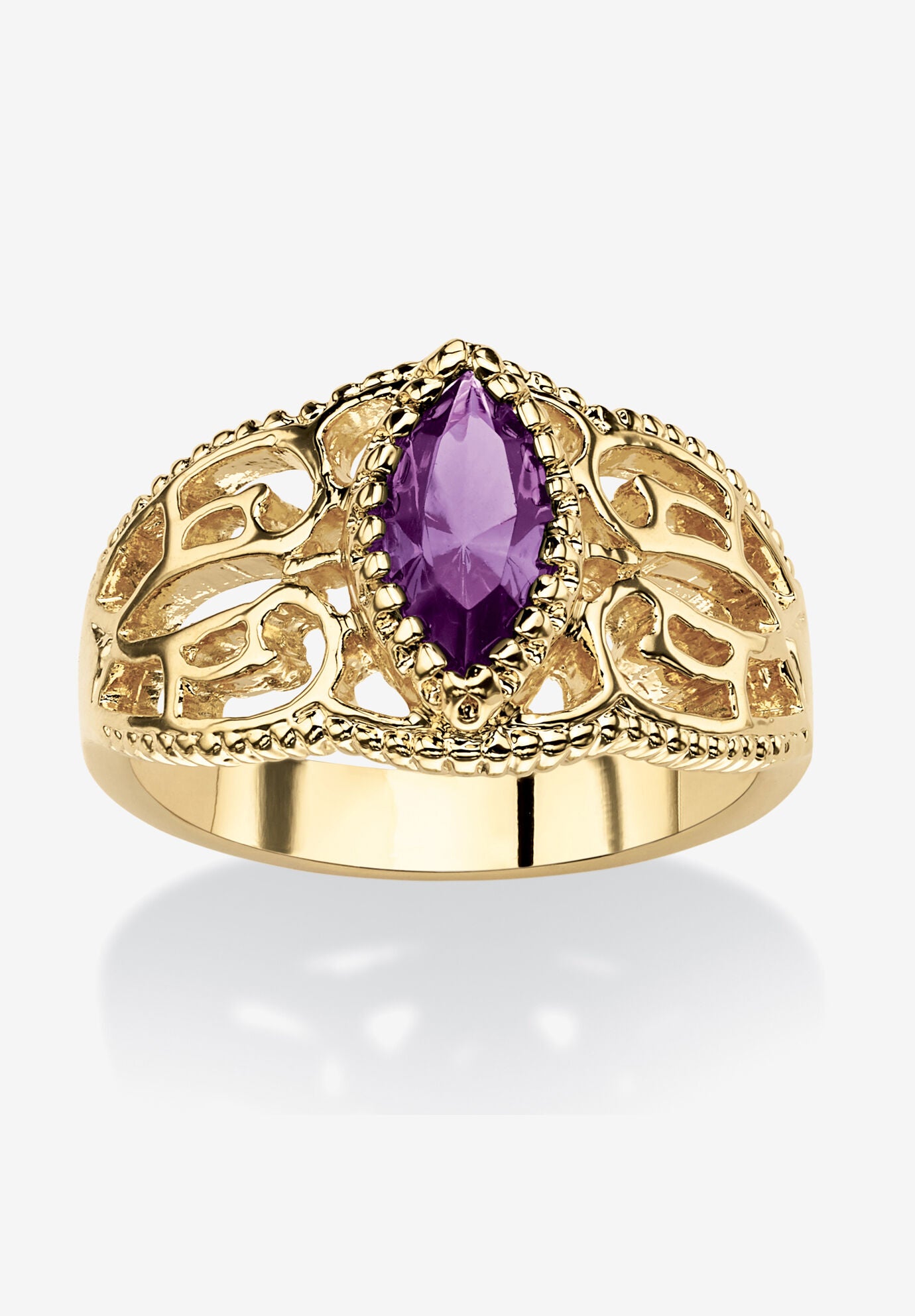 Simulated Birthstone Gold-Plated Filigree Ring, FEBRUARY, hi-res image number 0