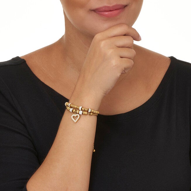 Round Crystal Gold Ion-Plated Stainless Steel Heart Charm Bracelet Set 7-inch, WHITE, alternate image number null