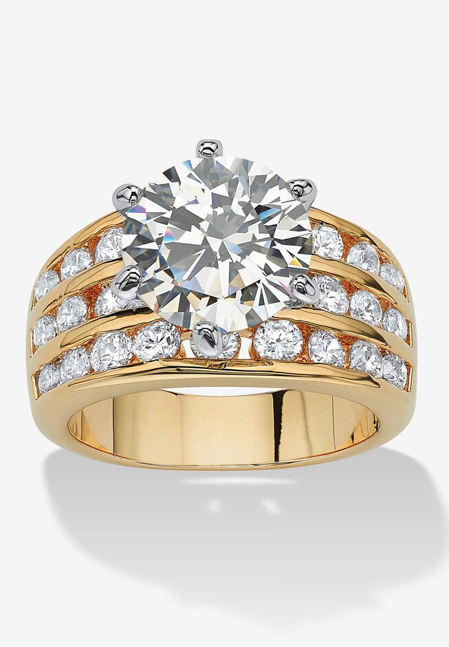 Goldtone Round Cubic Zirconia Triple Row Engagement Ring, CUBIC ZIRCONIA, hi-res image number null