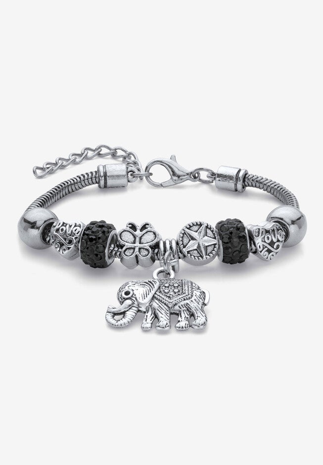 Silvertone Round Black Crystal Antiqued Elephant Charm Bracelet, CRYSTAL, hi-res image number 0