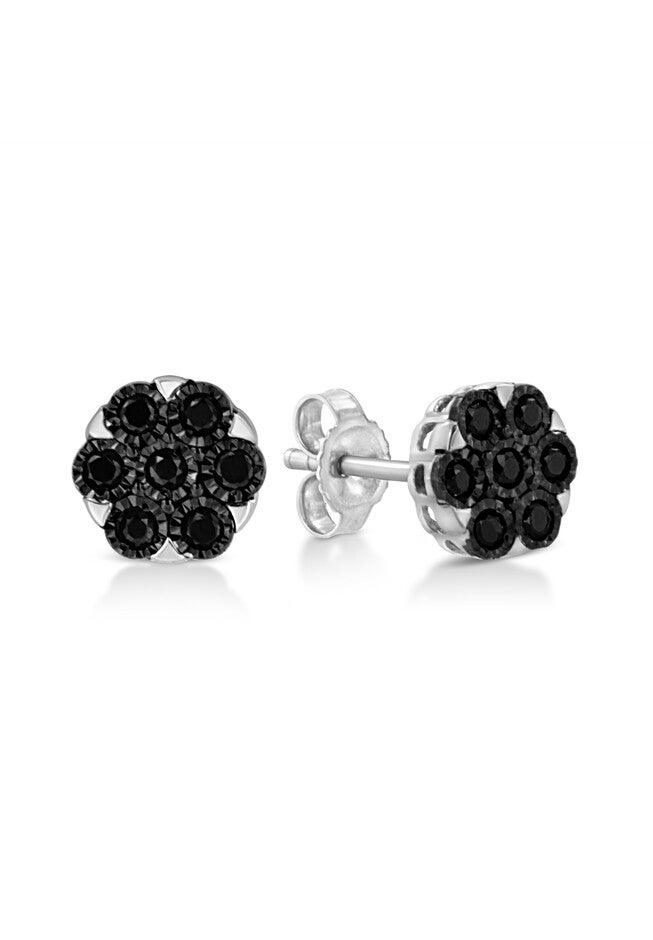 Silver 1/4 Cttw Black Diamond Cluster Flower Stud Earrings, , alternate image number null
