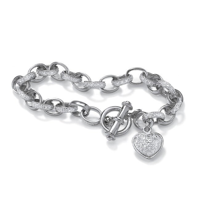 Diamond Accent Heart Charm Bracelet in Platinum-plated Sterling Silver 7.25 inches, WHITE, hi-res image number null