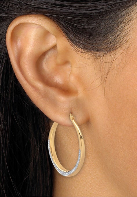 Yellow Gold Plated 2 Sided Round Genuine Diamond Hoop Earrings (31Mm), , alternate image number null