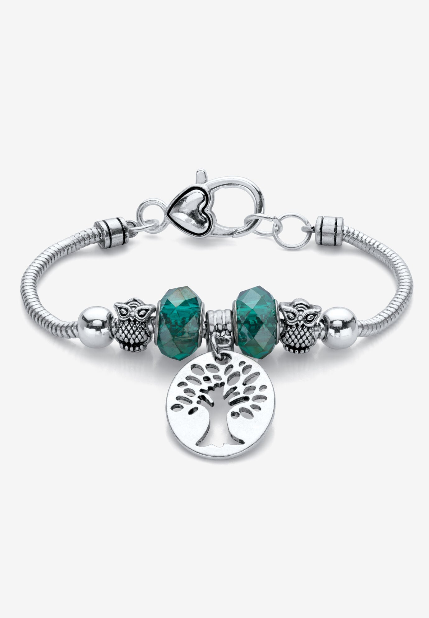 Silvertone Antiqued Bali Style Tree of Life and Owl Charm Bracelet 7.5 inches, SILVER, hi-res image number 0