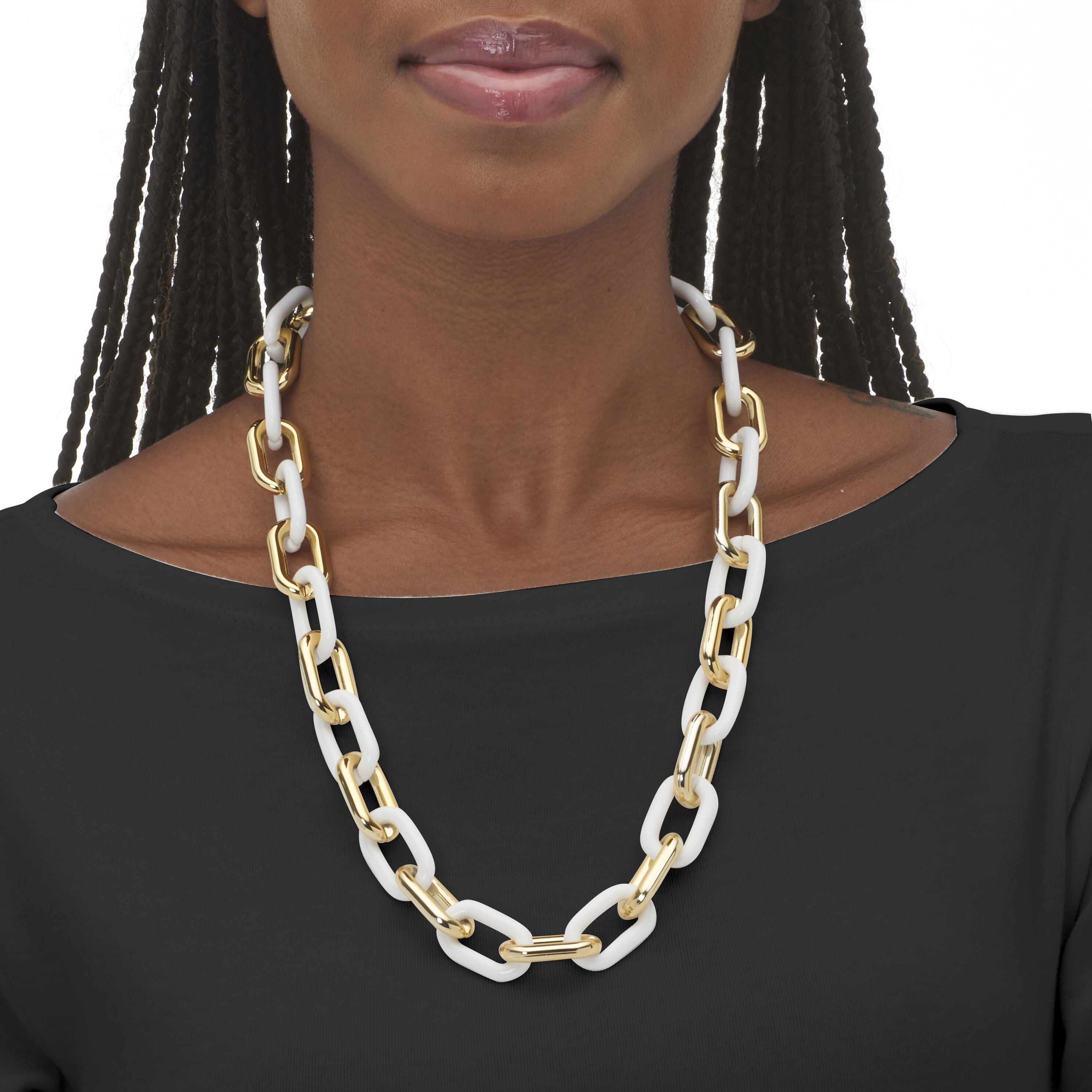 Acrylic Link Necklace and Gold Ion-Plated Stainless Steel Hoop Earrings Set, GOLD WHITE, alternate image number 2