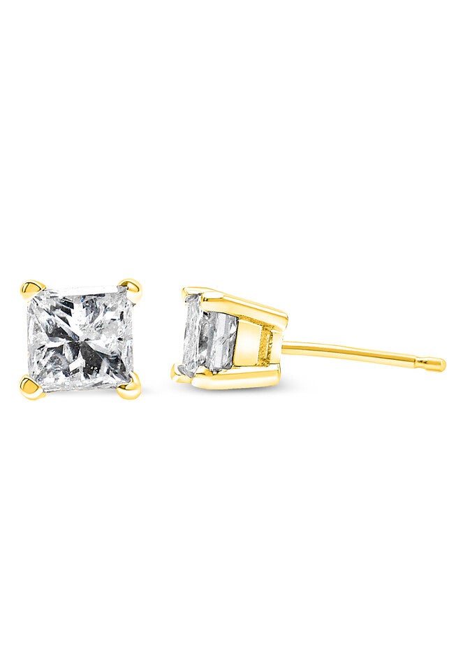 Yellow Gold Princesscut Diamond Petite Classic Square Stud Earrings, , alternate image number null