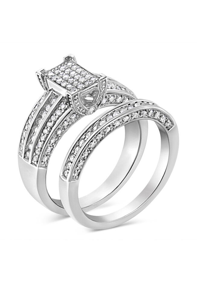 Silver 3/4 Cttw Prong Set Round Diamond Composite Engagement Ring And Band Set, , on-hover image number null